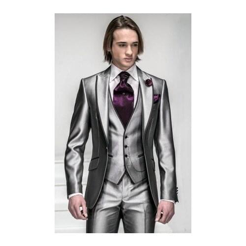 Slim Fit Groom Tuxedo Silver Gray Groomsmen Peak Lapel Wedding/Dinner Suits Best Man Bridegroom (Jacket+Pants+Tie+Vest) B219