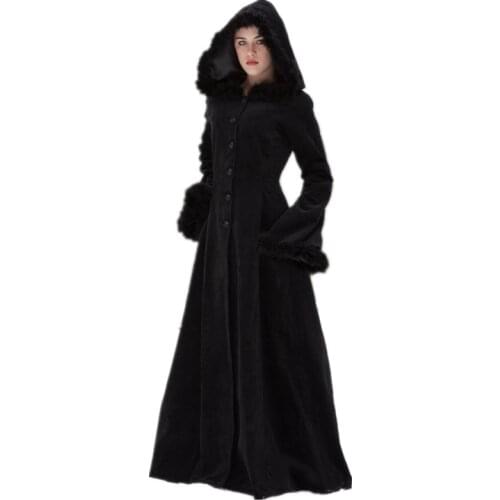 Women Autumn Winter Vintage Coat Steampunk Floor Length Hooded Medieval Warm Fur Trim Maxi Gothic Witch Party Costume Outwear