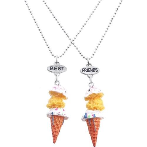2pcs/set Best Friends Forever BFF Ice-cream Pendant Necklace Women Kid Girl Mini Food Love Heart Chain Friendship Jewelry Gift