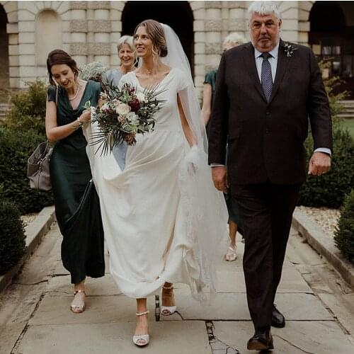 Simple Cheap Micro Satin Wedding Dress Custom Made 2021 Slim Fit A Line Buttons Up Plus Size Buttons Cap Sleeves Bridal Gowns