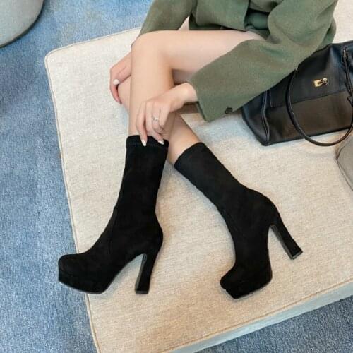 ZawsThia Plain Black Round Toe Platform 11cm Super High Heels Winter Woman Shoes Overknees Mid-calf Boots Stretch Socks Booties