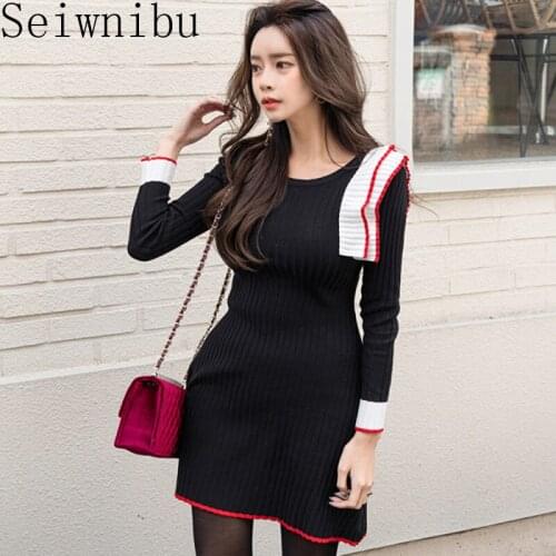 Seiwnibu 2019 Fashion Elegant Knitted Sweater Mini Dress Autumn Winter Women Knit Bodycon Dress Ruffles Pullover Dresses