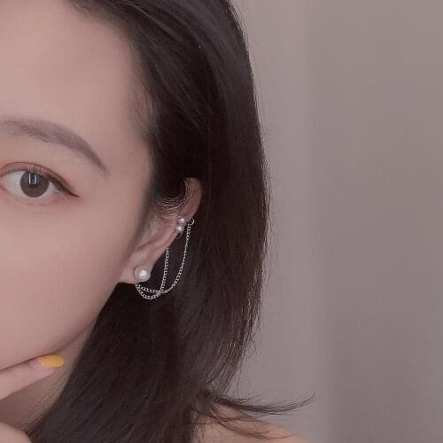 1pcs Harajuku Silver Color Double Tassel Chain Pearl Stud Earrings for Women Girls Gifts Goth Pearls Studs Earings Jewelry