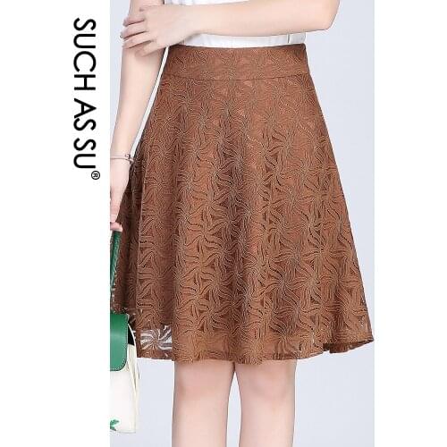 SUCH AS SU Women 2021 Spring Summer Lace High Waist Ladies Black Brown Green A-Line S-XXXL Plus Size Female Knee-Length Skirt