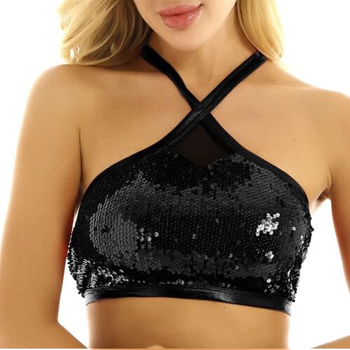 Backless Party Crop Top Women Summer Halter Back Cross Night Club Sequins Tank Tops