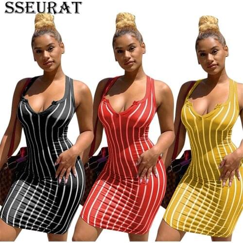 SSEURAT Sexy Striped Mini Dress Women Summer Clothes Sleeveless Deep V Neck Party Club Bodycon Dresses