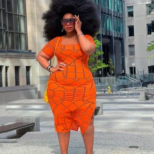 Large Size Women Clothing Summer 2021 Wholesale Orange Midi Dress Plaid Pattern Short Sleeve Casual Plus Size Dress Dropshipping