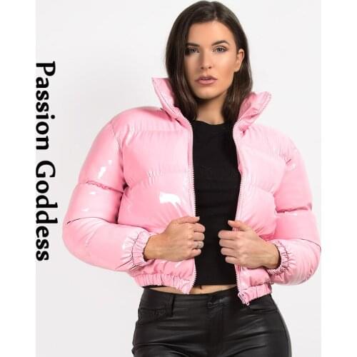 Winter Women Shiny PU Leather Puffer Jackets Warm Thick Bubble Coat Cute Pink Parkas Down Zipper Loose Puffly Cropped Jacket XXL