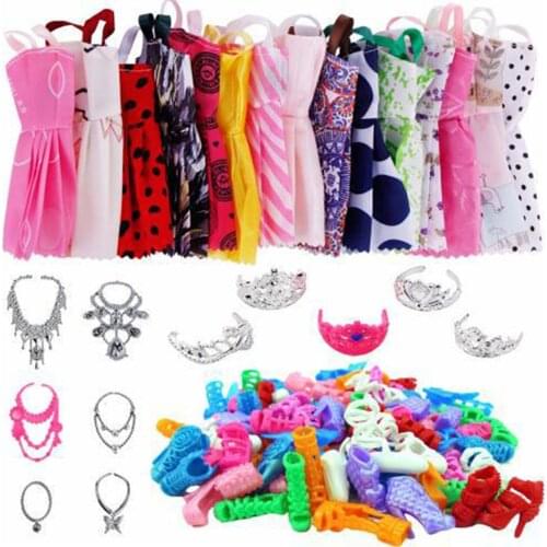 35 Pieces Of Clothes Accessories Gifts FOR kids 12 Doll Skirts +12 Pairs Of Shoes +5 Tiaras +6 Necklaces Packed For Sale