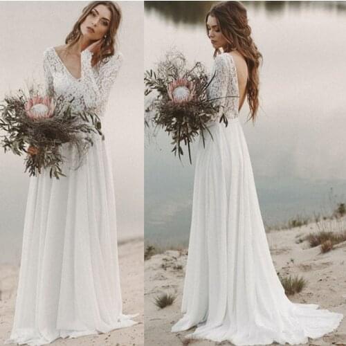 Bohemian Beach V Neck Simple Long Sleeve Chiffon Lace Sweep Train Backless Wedding Gown Wedding Dress Bride robe de mariée