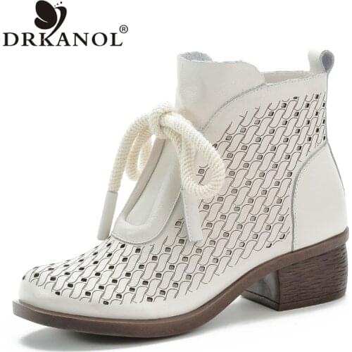 DRKANOL Retro Handmade Women Boots Breathable Hollow Out Thick Heel Ankle Boots For Women Genuine Leather Summer Casual Shoes