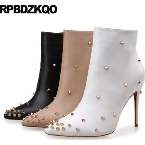 White Pointy Boots Women Pointed Toe Stud Stiletto Booties Shoes Spike Side Zip Fur Ankle Winter Short British High Heel Fall