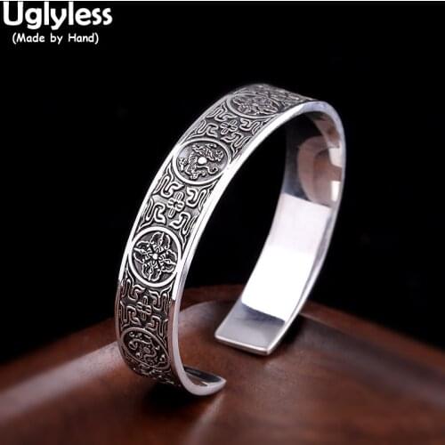 Uglyless Solid 990 Pure Silver Bangles 925 Silver Rings Thai Silver Vintage Jewelry Sets China Chic Mythical 4 Beasts Jewelry