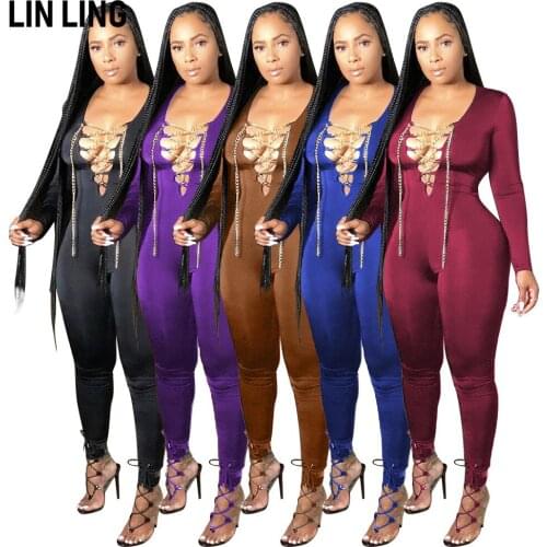 LINLING Bodycon V Neck Chain Lace Up Long Jumpsuit Fashion Sportswear A Solid Sexy Strap Long Sleeve Jumpsuit