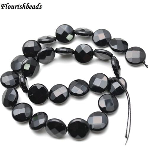 Faceted Natural Pure Black Onyx Agate Flat Round Coin Stone Loose Beads 8mm 10mm 12mm 14mm 16mm 18mm 20mm