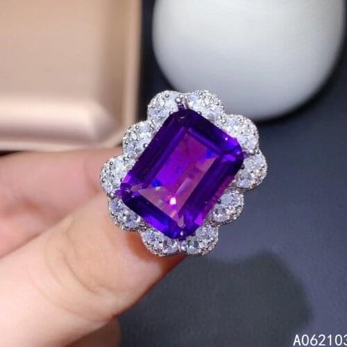 KJJEAXCMY fine jewelry 925 sterling silver inlaid Amethyst Womens fashion simple square adjustable big gem ring support detecti