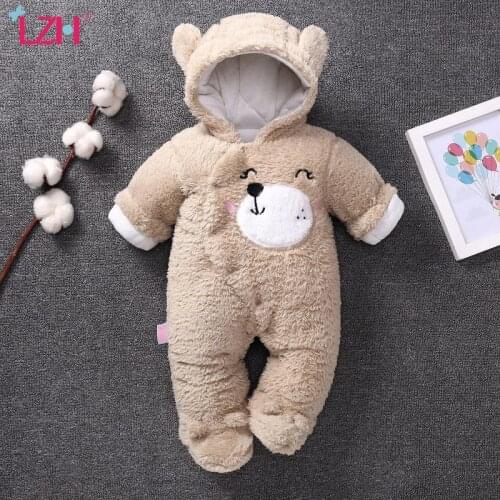 LZH 2021 Winter Autumn Infant Cartoon Bear Rompers For Baby Boys Jumpsuit Baby Girls Romper Cotton Cashmere Clothes 3 6 9 12 M