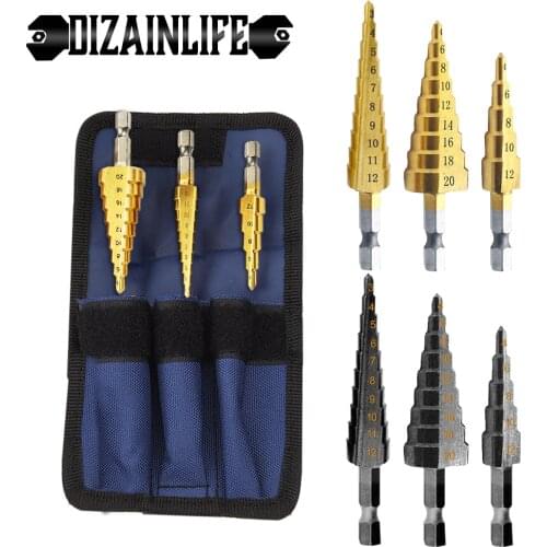 HSS Cone Step Drill Bit Titanium Coated Core Drill Hex Shank Twist Straight Groove Hole Cutter for Wood Metal Black/Gold