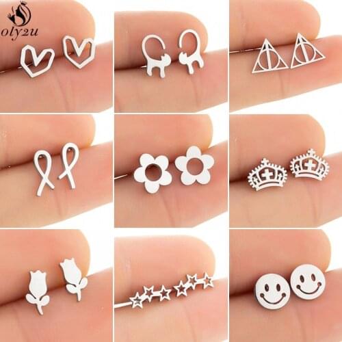 Tiny Stainless Steel Earrings for Women Kids Geometric Crown Fish Smile Face Heart Earings Korean Jewelry Daisy Flower Studs