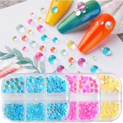 Hot Sales 6 Grids/Box Fingernail Ornament Easy to Apply Decorative Resin Nail Art Accessories Aurora Mocha Clear Half Beads for