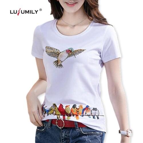 Lusumily Handmade Diamonds Womens T-shirt Women Birds Casual O-neck Combed Cotton T Shirt Women Short Sleeve Tees Female Tops