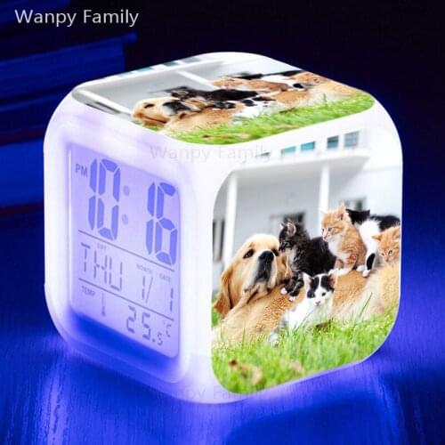 Super Cute Pet Dog Cat Alarm Clock 7 Color Glowing LED Digital Clock For Kids Birthday Gifts Multifunctional Electronic Clock