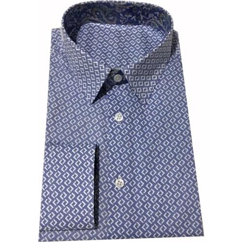 Custom made men print blue pattern shirt cotton casual shirt Spelling Snail pattern collar shirt