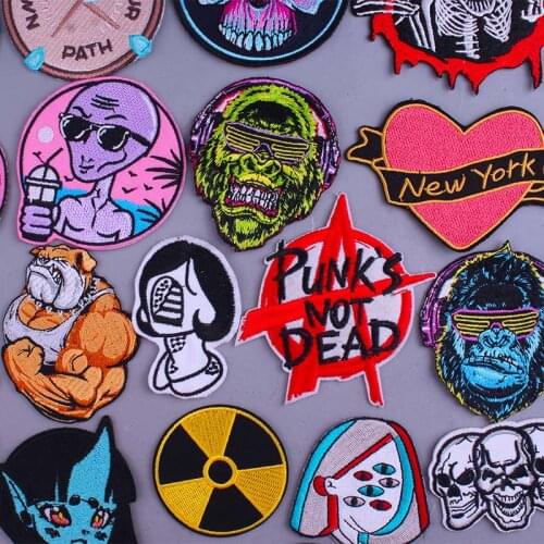 Punk Skull Patch Alien Iron On Patches For Clothing Nuclear Badge Stickers Embroidered Patches On Clothes Applique Jacket Stripe