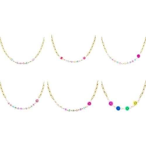 Aide Necklace S925 Silver Necklace For Women Girls Letter Glazed Pearl Cute Sweet Chain Necklace Summer Beach Collier Femme