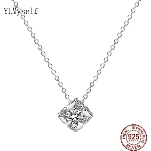 Real 925 Silver Beautiful Rose Flower Pendant With Bright Zircon and 40+5cm Chain Necklace Lovely Fine Jewelry For Girl
