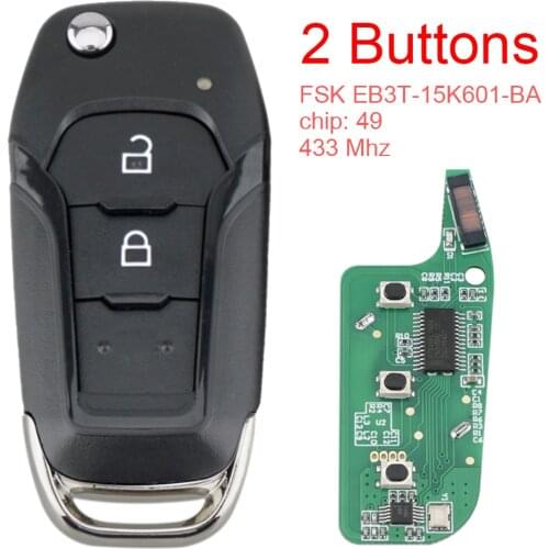 433MHz FSK EB3T-15K601-BA 2 Buttons Flip Smart Car Remote Keys with ID49 PCF7945P Chip Fit for Ford Ranger F150 2015 2016 2017