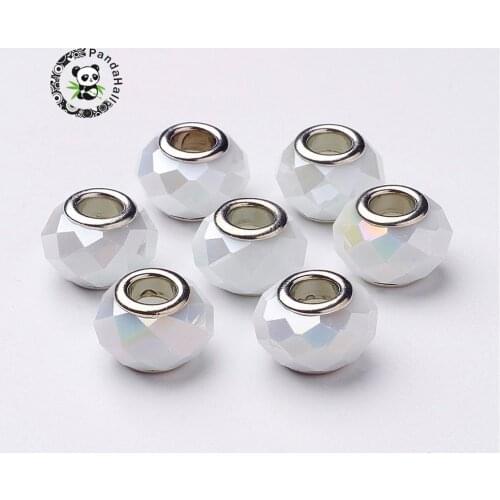 Glass European Beads, Large Hole Beads, Imimation with Brass Double Cores, Faceted, Abacus, Plated AB Color, White, 14x9