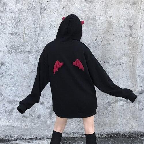 Harajuku Hoodies Girl Little Devil Horns Gothic Hooded Sweatshirts Women Demon Fly Wings Loose Pullovers Pocket Tops Streetwear