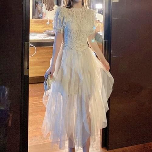 Women Vintage Mesh O-Neck Puff Sleeve Dresses Mesh Patchwork Hollow Out Lace Elegance A-Line Dress Ball Gown