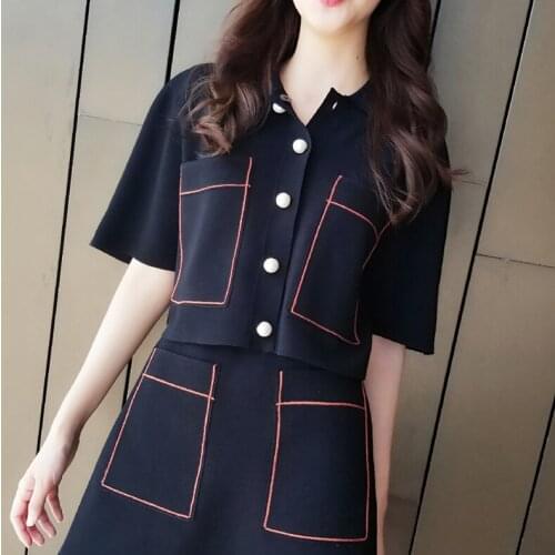 2 Pieces Set Women Spring Autumn Knitted Top Short Sleeve White Pearls Lines Mini Skirt