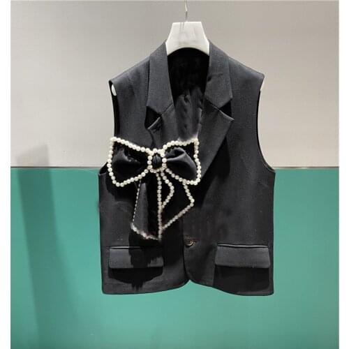 European Spring New Notched Single Breasted Pearl Beading Chain Bowknot Cardigan Sleeveless Vests Women Fashion Streetwear 2021