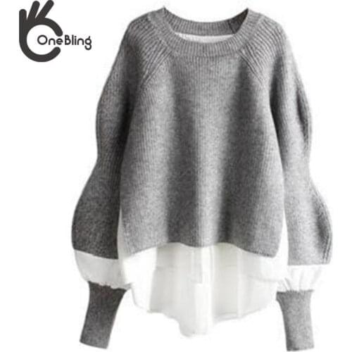 OneBling Za Woman 2021 Knitted Traf Patchwork Womens Sweater Long Sleeve O-neck Oversize Pullover Autumn Winter Sweaters Chic