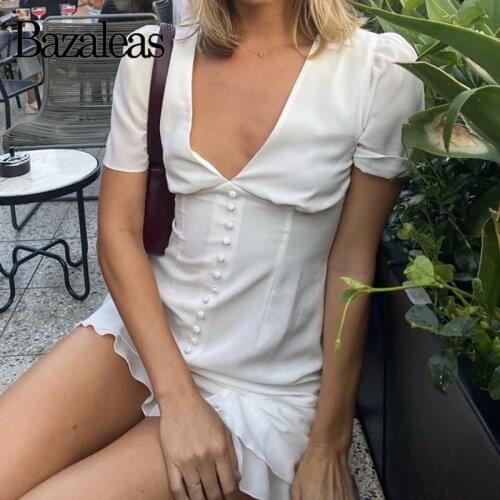 Bazaleas Basic Center Buttons women mini dress France Ruffles White vestido Vintage V Neck women dress