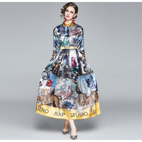 New Fashion 2021 Spring Runway Long Sleeve Shirt Dress Women Vintage Animal Leopard Floral Print Long Dress Female Robe Longue