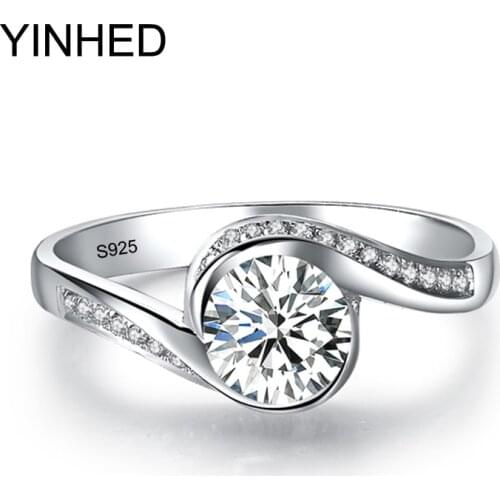 YINHED Elegant Bridal Fine Jewelry Genuine 925 Sterling Silver Wedding Rings for Women 6mm 1CT CZ Diamand Engagement Ring ZR326