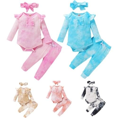 2021 Toddler Girl Tie-Dye Ruffle Long Sleeves Rompers Pants Headband Outfit Baby Girl Autumn Clothing