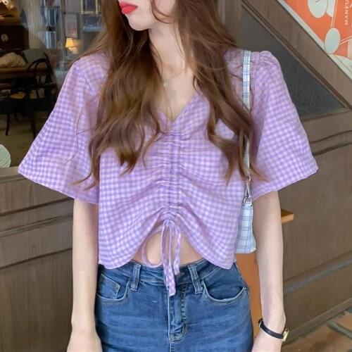 Hstar Women Blouses V-neck Short-sleeve Summer Pleated Lace-up Plaid Sweet All-match Girls Ulzzang Shirts Leisure Elegant Chic