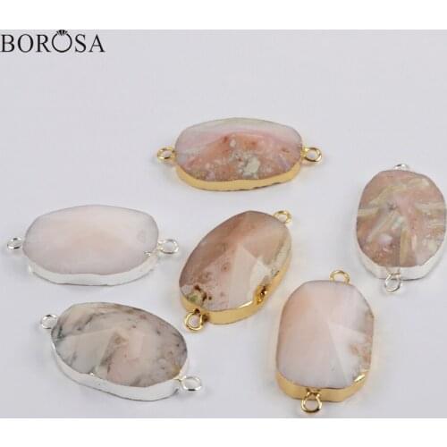 BOROSA 5Pcs New Arrival Gold/Silver Plated Pink Opal Faceted Connector Gems Double Charms Jewelry Finding for Necklace G1864