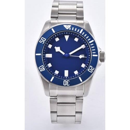 42.5MM watch automatic movement mens luminous pointer sterile blue dial mineral glass calendar steel bracelet case D3108