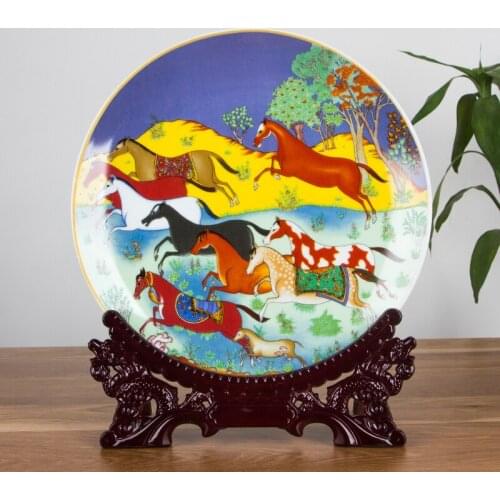 Colorful Horses Ceramic Ornamental Plate Decoration Plate Wood Base Porcelain Plate Set Wedding Gift