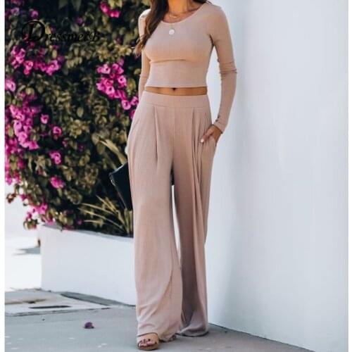 Dressmecb Solid Casual Two Pieces Outfits Women Clothing Long Sleeves T Shirts And Pants Sets Female 2021 Autumn 2 Pieces Set