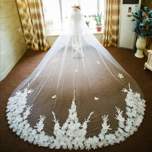 Actual Wedding Veils In Stock Cheap Bridal Veils Two Layers Welon Hand Made Flowers Long Cathedral Wedding Veil