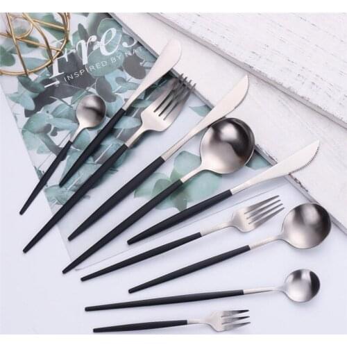 Hot Black Silver Cutlery Set Knifes Forks Chopsticks Teaspoon Party Kitchen Food Tableware Set Stainless Steel Dinnerware Sets