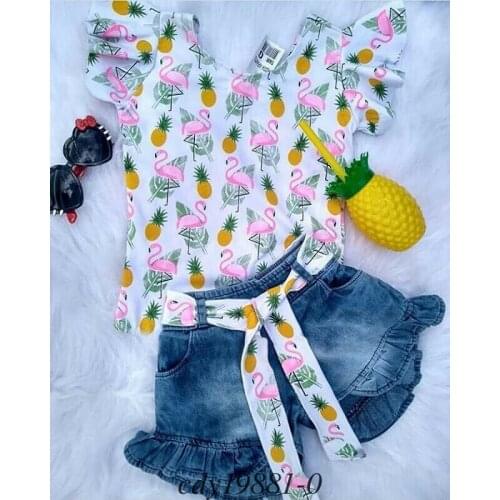 2pcs Clothes Set Toddler Baby Girls Flamingo Print Floral Watermelon Tops T-shirt Denim Jeans Shorts Pants Kids Outfits