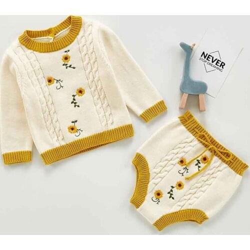 Autumn Newborn Baby Girls Knit pullover Sweater+Shorts Clothes Sets Winter Flower Embroidery Infant Baby Kids Girls Sweater Sets